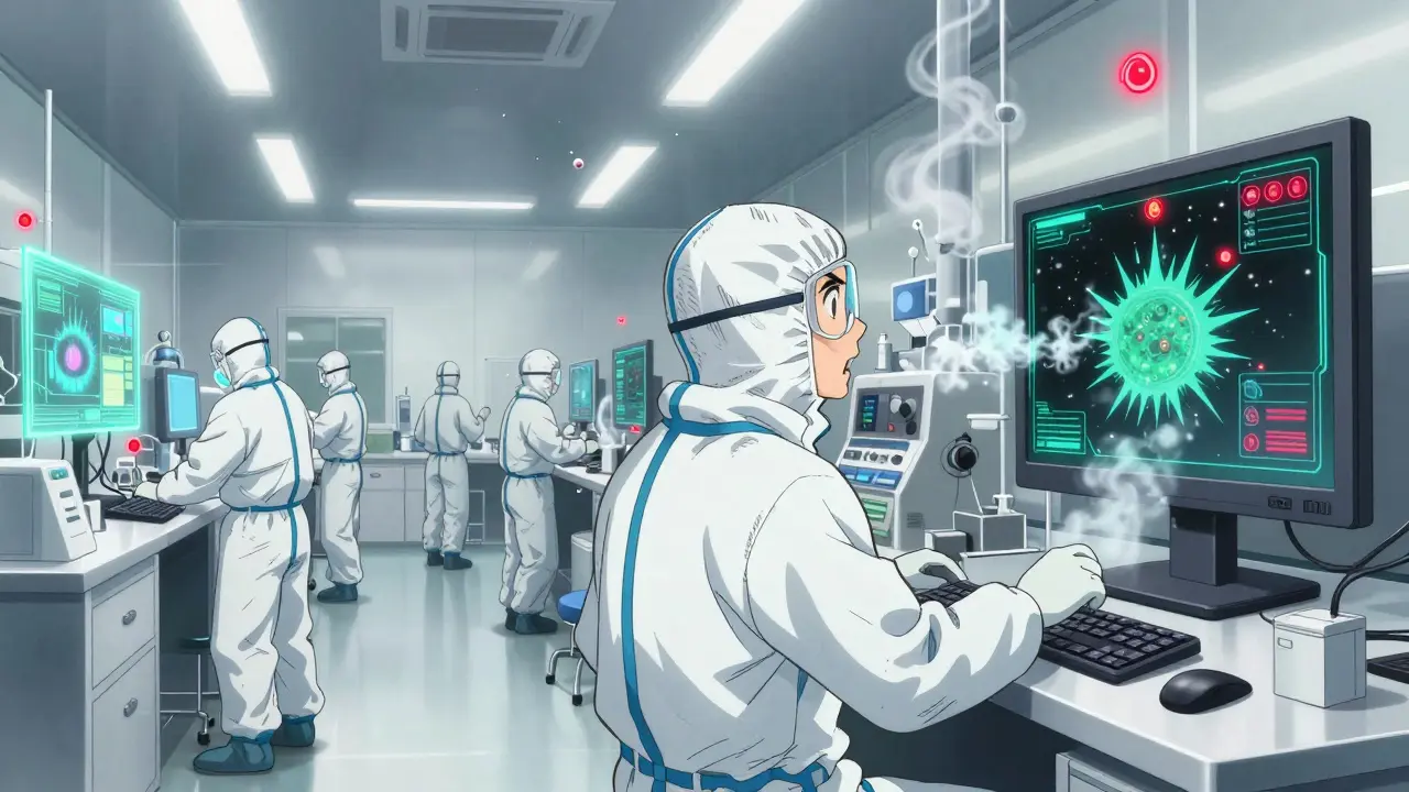 Pharmaceutical workers in cleanroom suits monitoring contamination alerts in a high-tech factory.