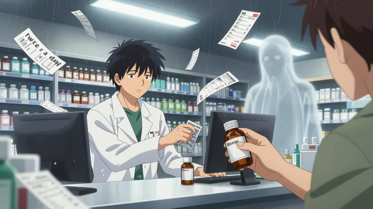 Pharmacist at a busy counter reaching for a mislabeled prescription amid swirling paperwork.