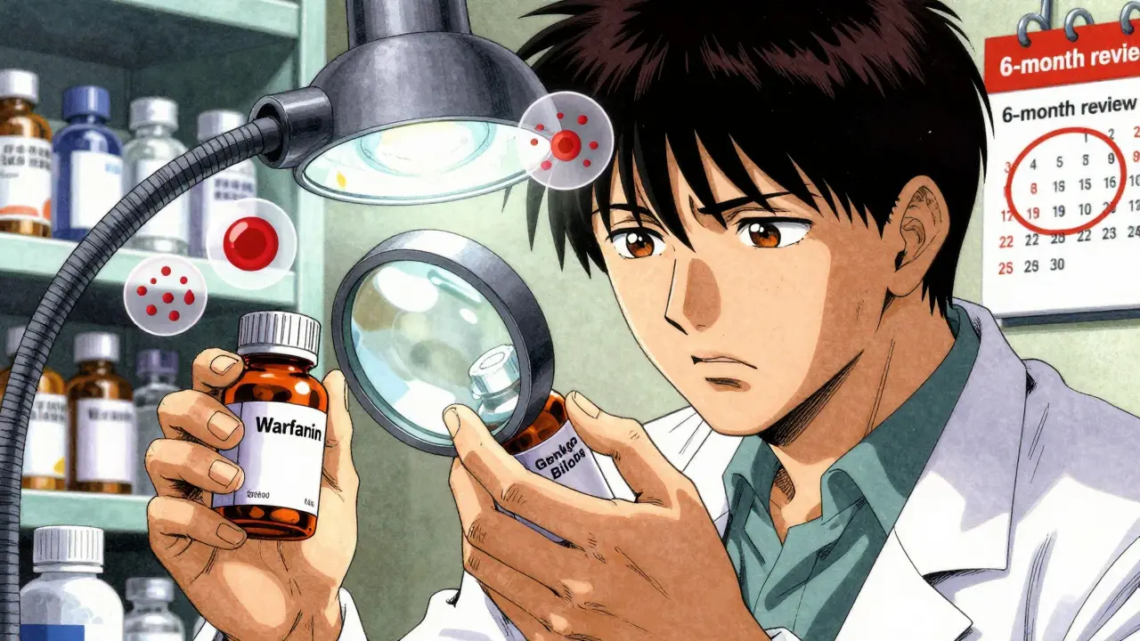 Pharmacist examines pill bottles under a lamp, blood-thinning interaction graphics floating nearby.