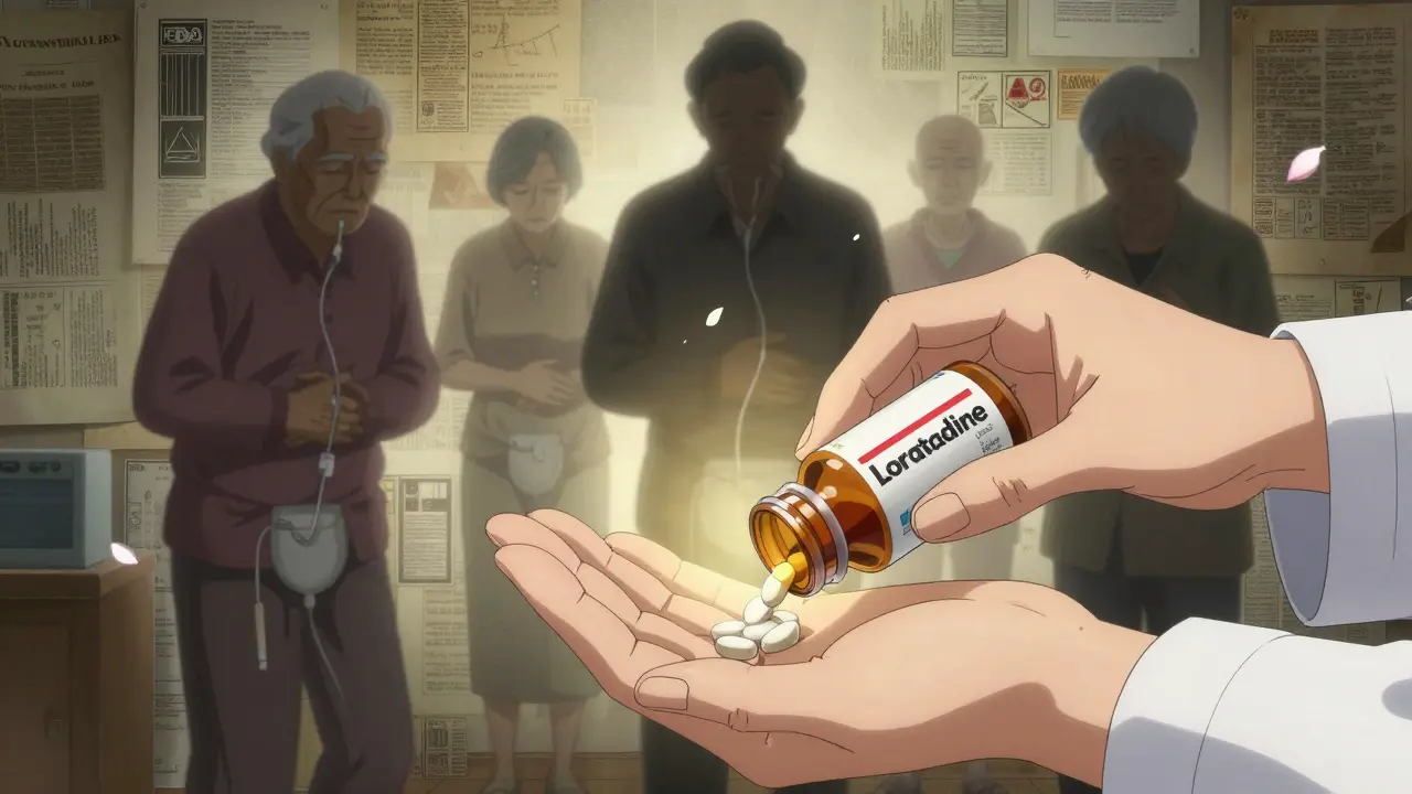 Pharmacist handing safe antihistamine as shadowy side effects fade away into light.