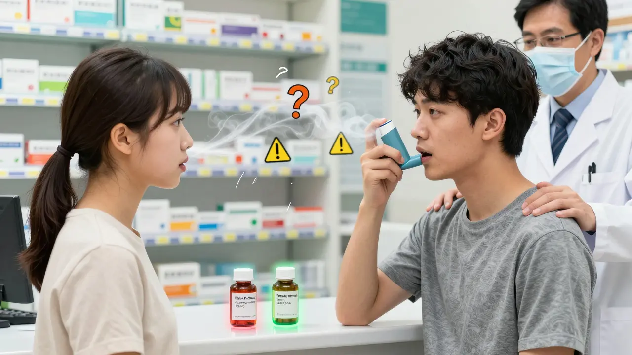 Pharmacy technician shows a patient how to use an inhaler, with glowing mist and warning symbols.