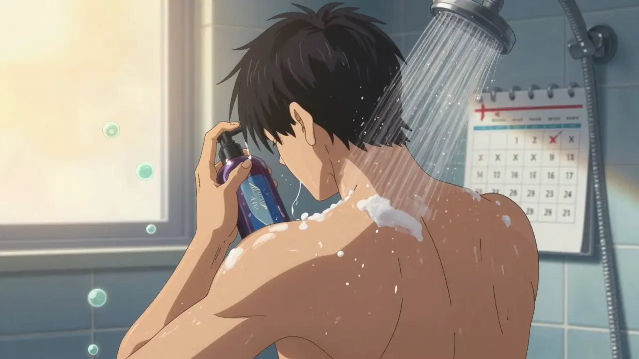 Someone showers while applying antifungal shampoo monthly, yeast cells dissolving into steam.