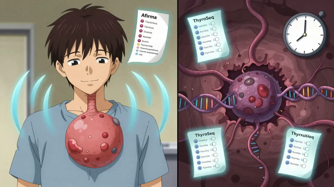 Split image comparing a large benign nodule and a small cancerous nodule with molecular test results.
