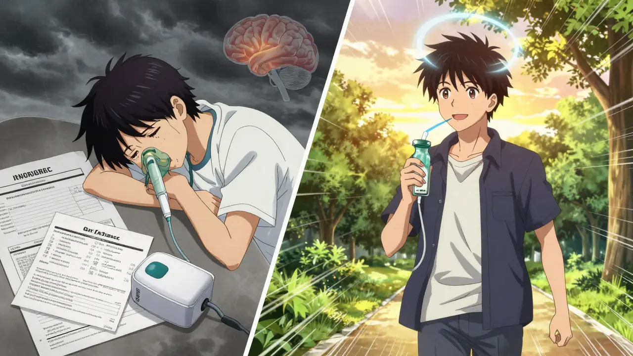 Split image: frustrated patient vs. same person free from pain, holding portable oxygen device in sunlight.