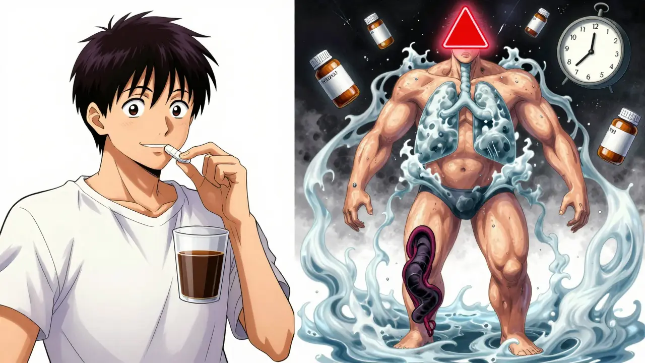 Split-panel illustration of medication side effects turning into life-threatening swelling