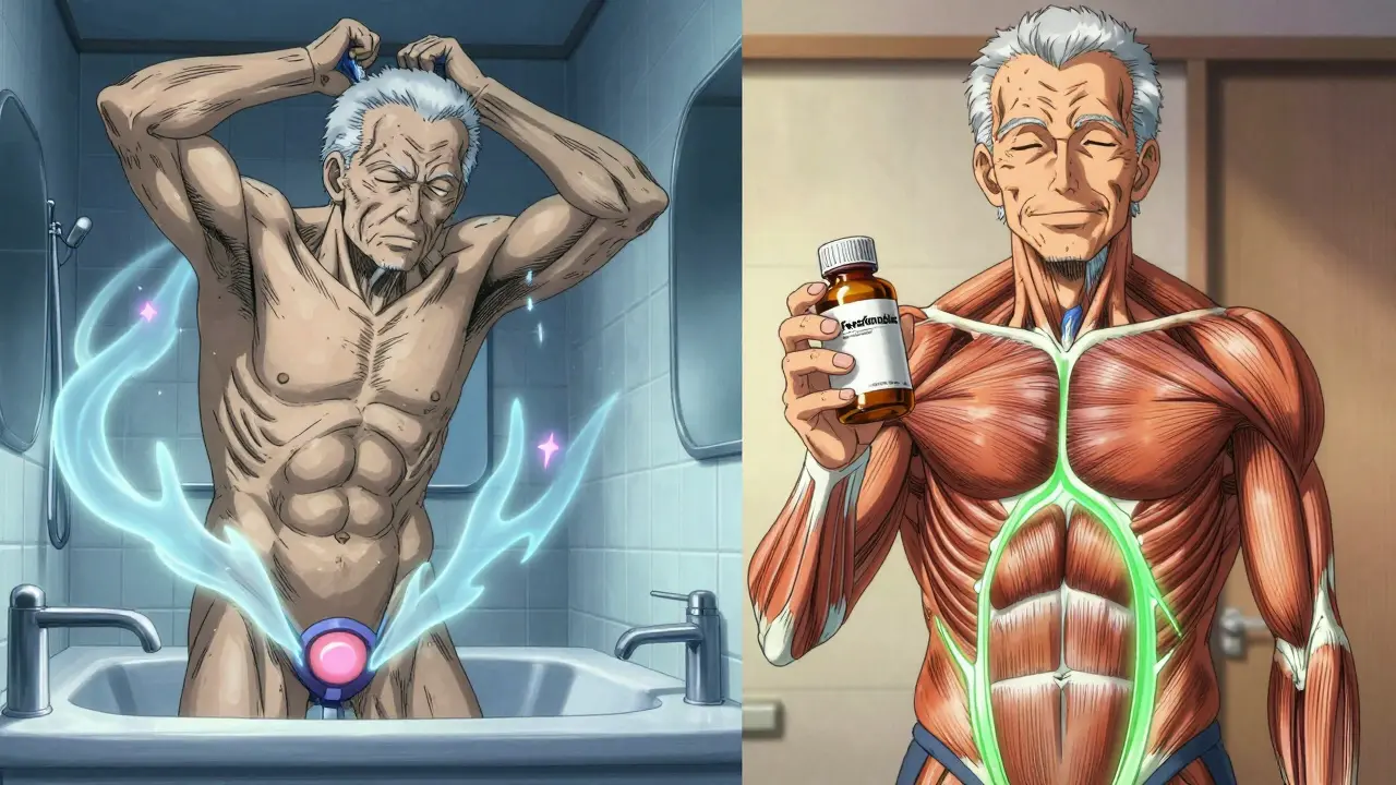 Split scene: elderly man in distress vs. calm with safe medication, anatomical energy pathways visible.