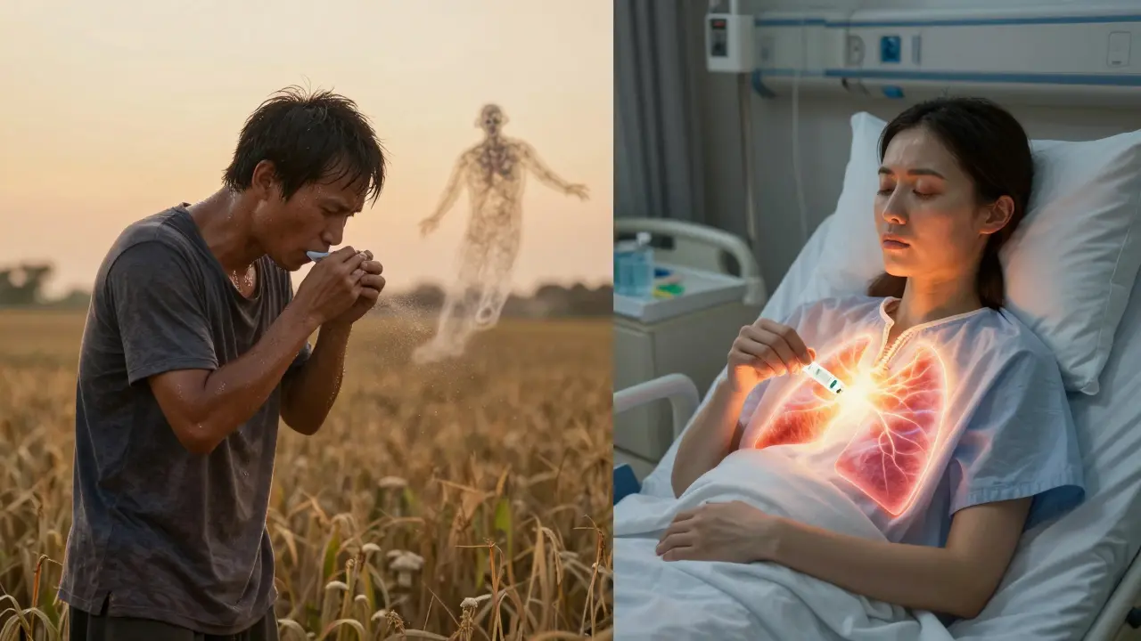 Split scene: farmer in dust field and patient healing after stopping medication