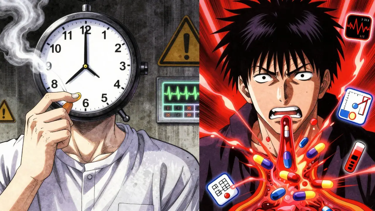 Split scene of a smoker and former smoker with dangerous drug level spikes in their bloodstream.