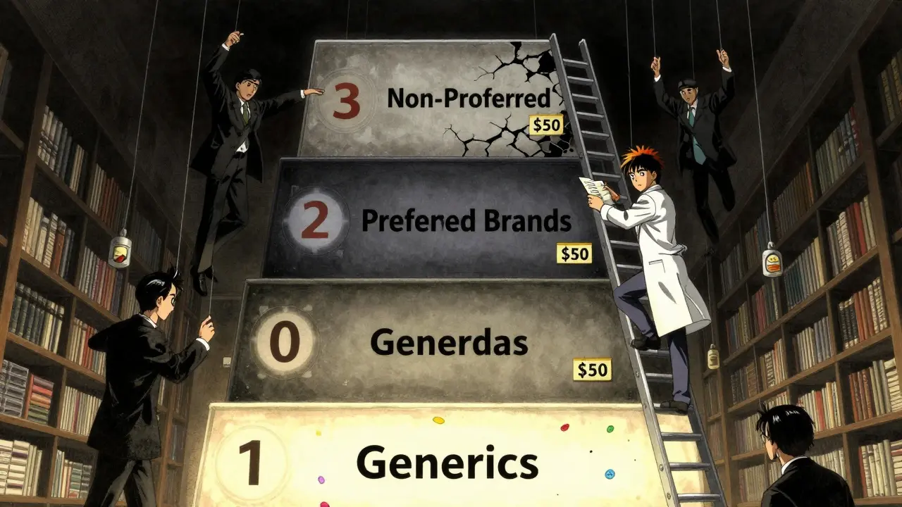 Tiered formulary as a ladder with generics at bottom, PBM figures pulling strings above, doctor climbing.