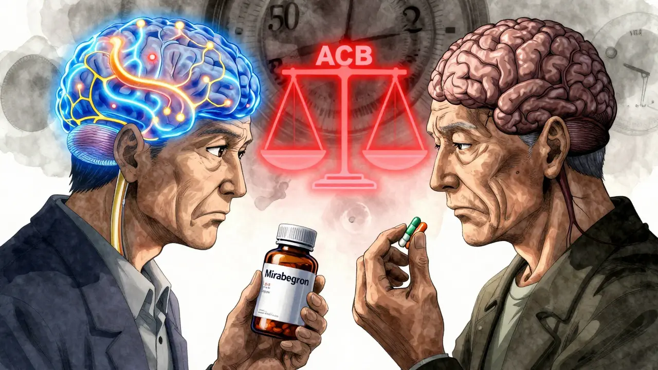 Two elderly men side by side: one with a glowing healthy brain, the other with a fading brain, holding different medications.