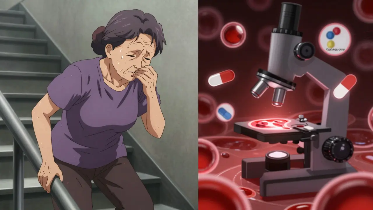 Woman struggling to climb stairs, with anti-histone antibodies glowing in a microscopic view beside her.