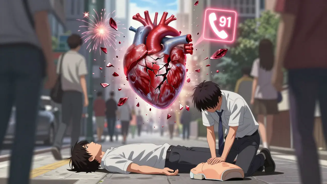 Young adult collapsed on sidewalk, cracked heart symbol above, bystander performing CPR with glowing 911 icon.