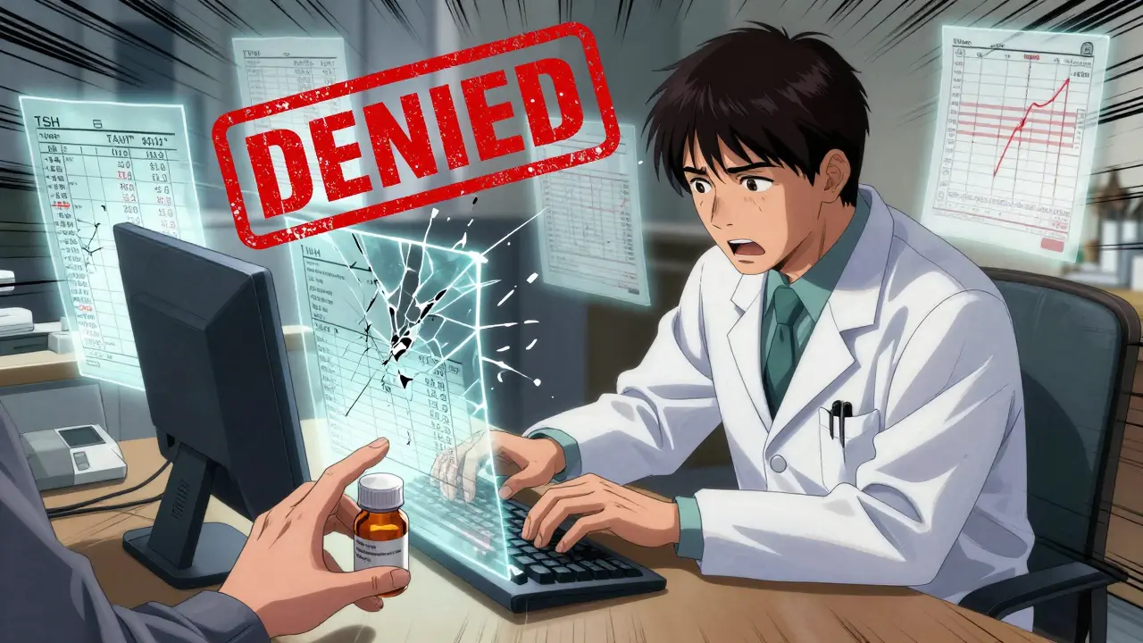 A doctor works amid floating medical data as a giant 'DENIED' stamp looms overhead, conveying bureaucratic frustration.