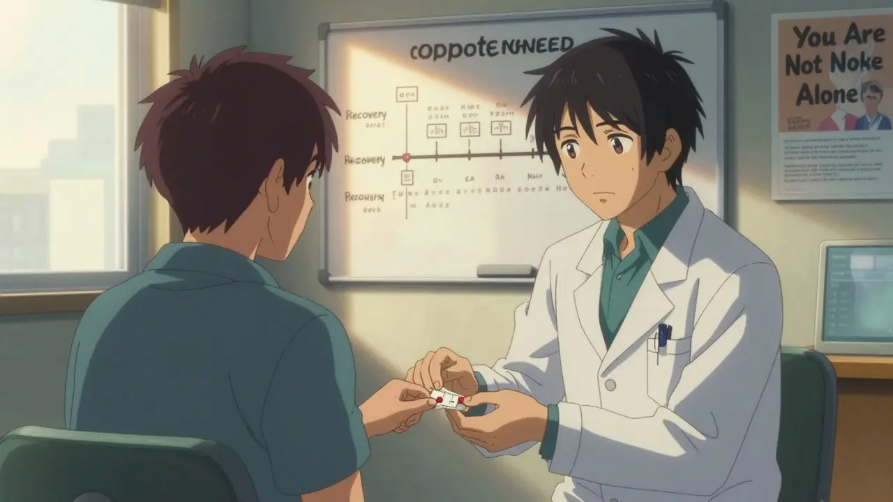 A patient receiving buprenorphine treatment in a clinic, bathed in sunlight, with a supportive healthcare provider present.