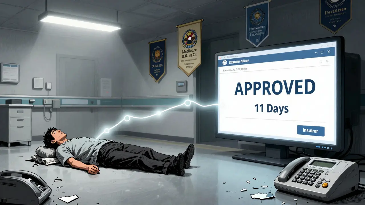 A patient seizes on one side while an approval screen glows on the other, connected by a symbolic path of delayed care.