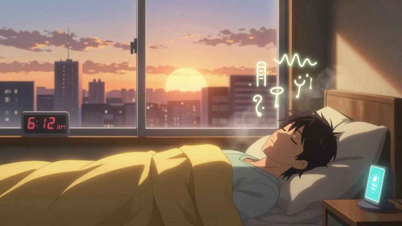 A person sleeping peacefully at sunrise as pain and sleep dysfunction dissolve into calming light.