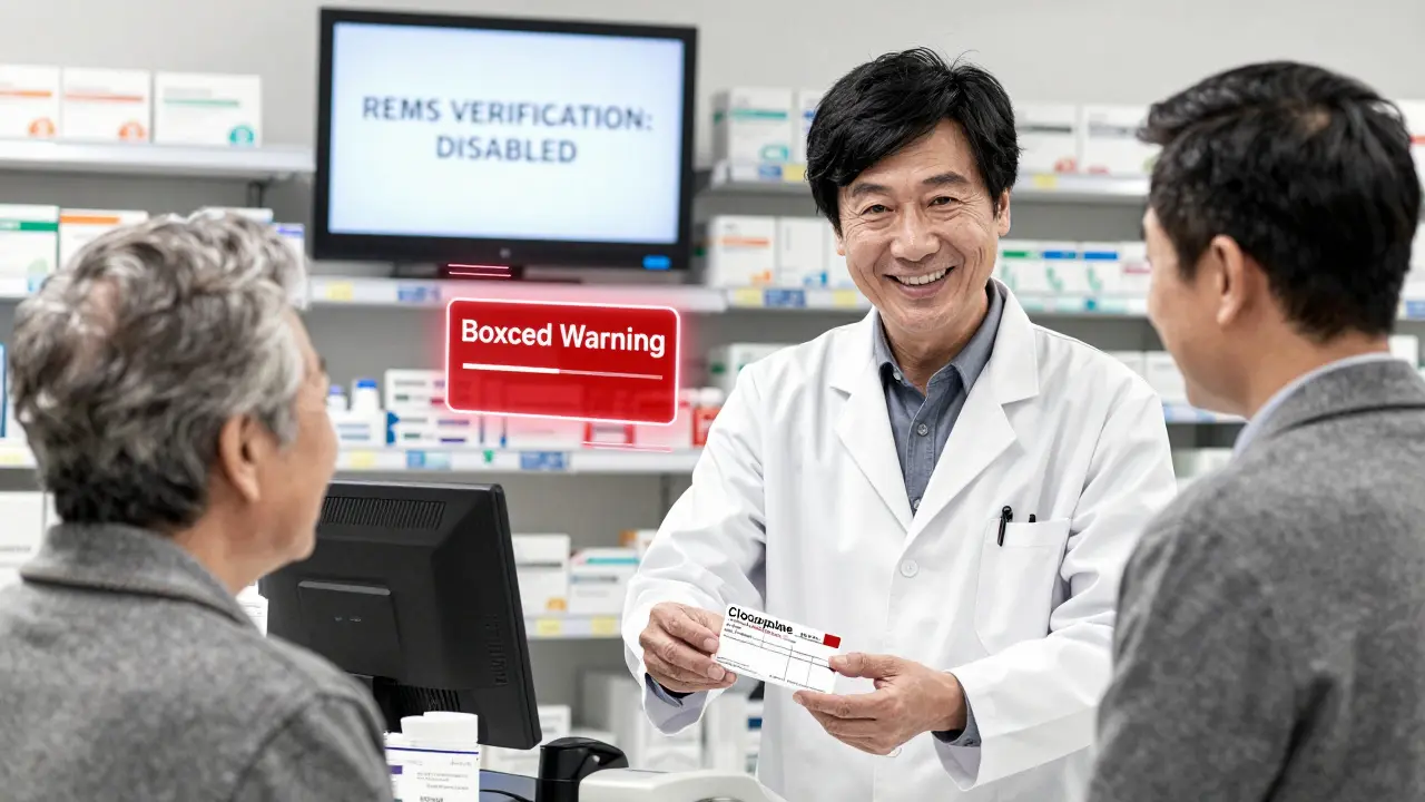 A pharmacist hands clozapine to a patient while a Boxed Warning glows faintly above the pharmacy shelf.