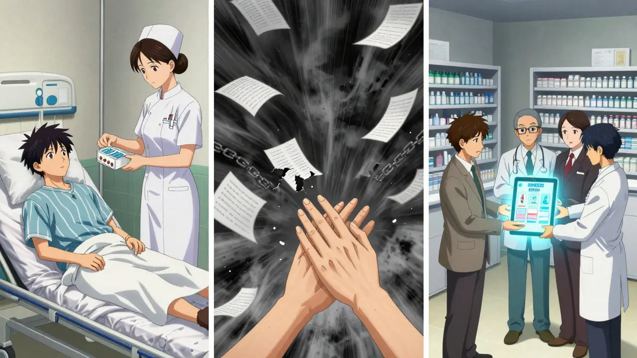 A transition between care settings shown in three panels: hospital discharge, lost records, and a unified team managing a shared digital plan.