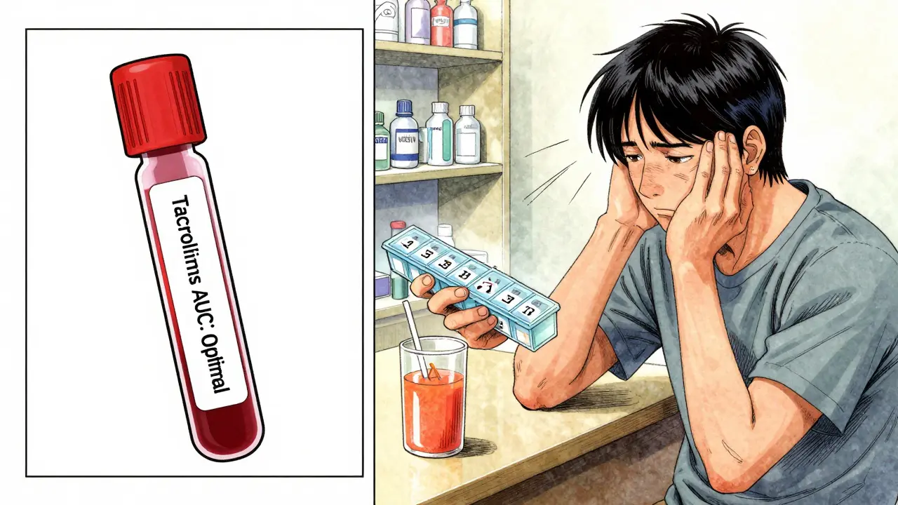 A transplant patient receives pill guidance from a pharmacist, with grapefruit juice flagged as dangerous.