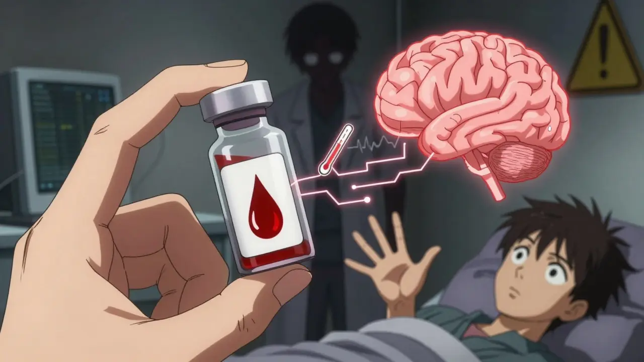 A vial of lithium connected by glowing blood to a brain, with warning symbols, as a patient breaks free from medical neglect.