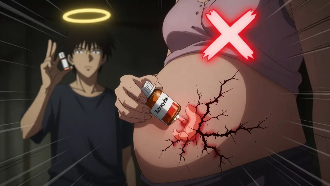 Dark cracks on pregnant abdomen as tetracycline pill glows red, contrasted with safe amoxicillin in golden light