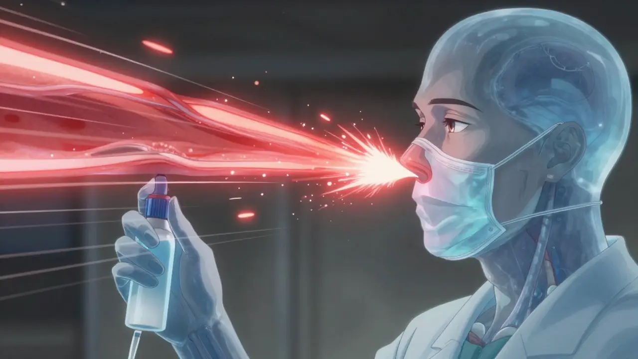 Detailed illustration of overactive TRPV1 receptors firing in nasal tissue, contrasted with healthy tissue, under a transparent figure wearing a mask.