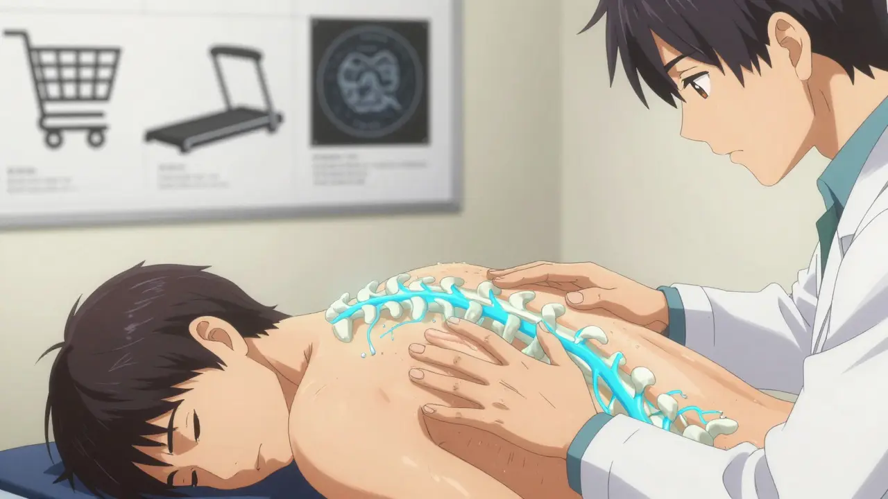 Doctor guiding patient into forward bend during physical therapy, glowing nerve pathways visible.