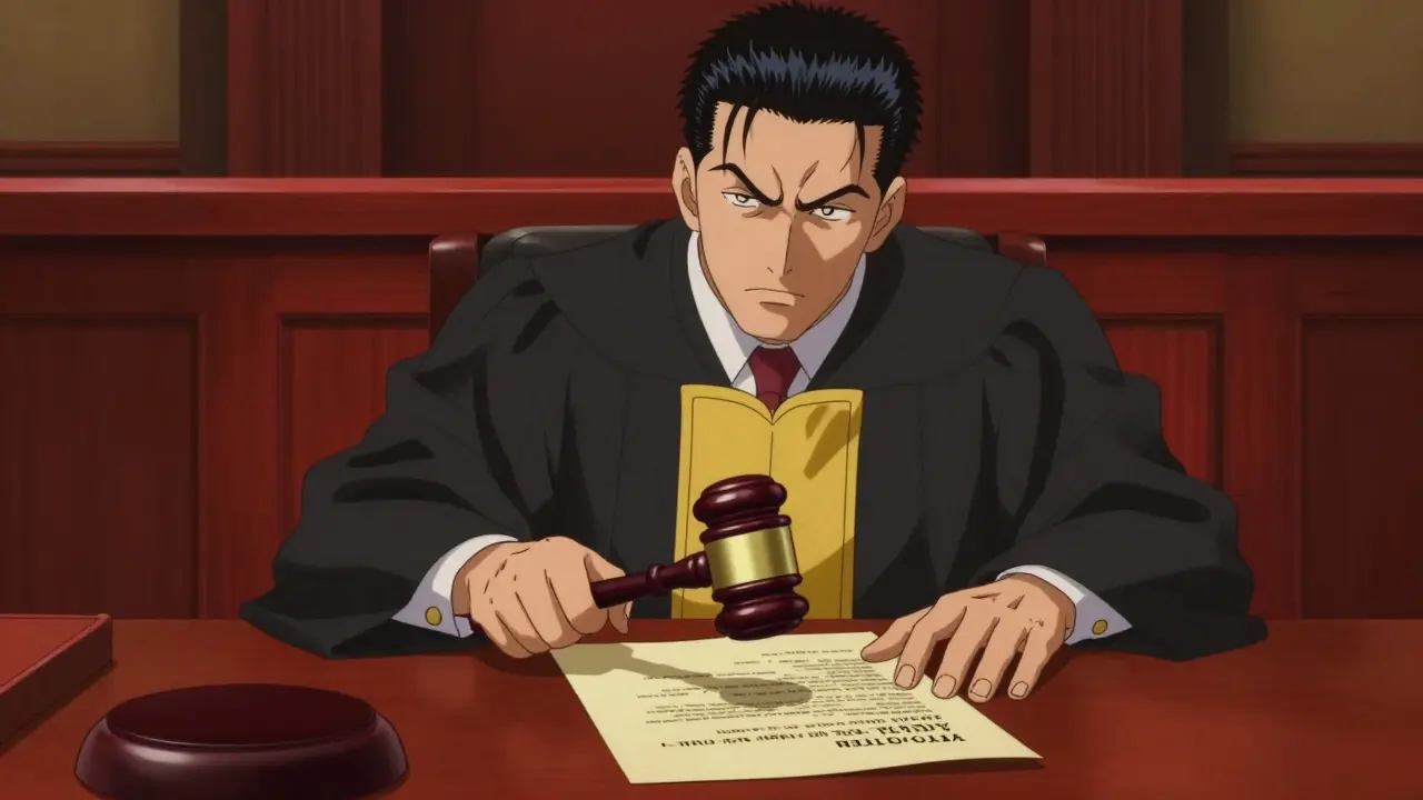 Judge slamming gavel on sealed document in courtroom