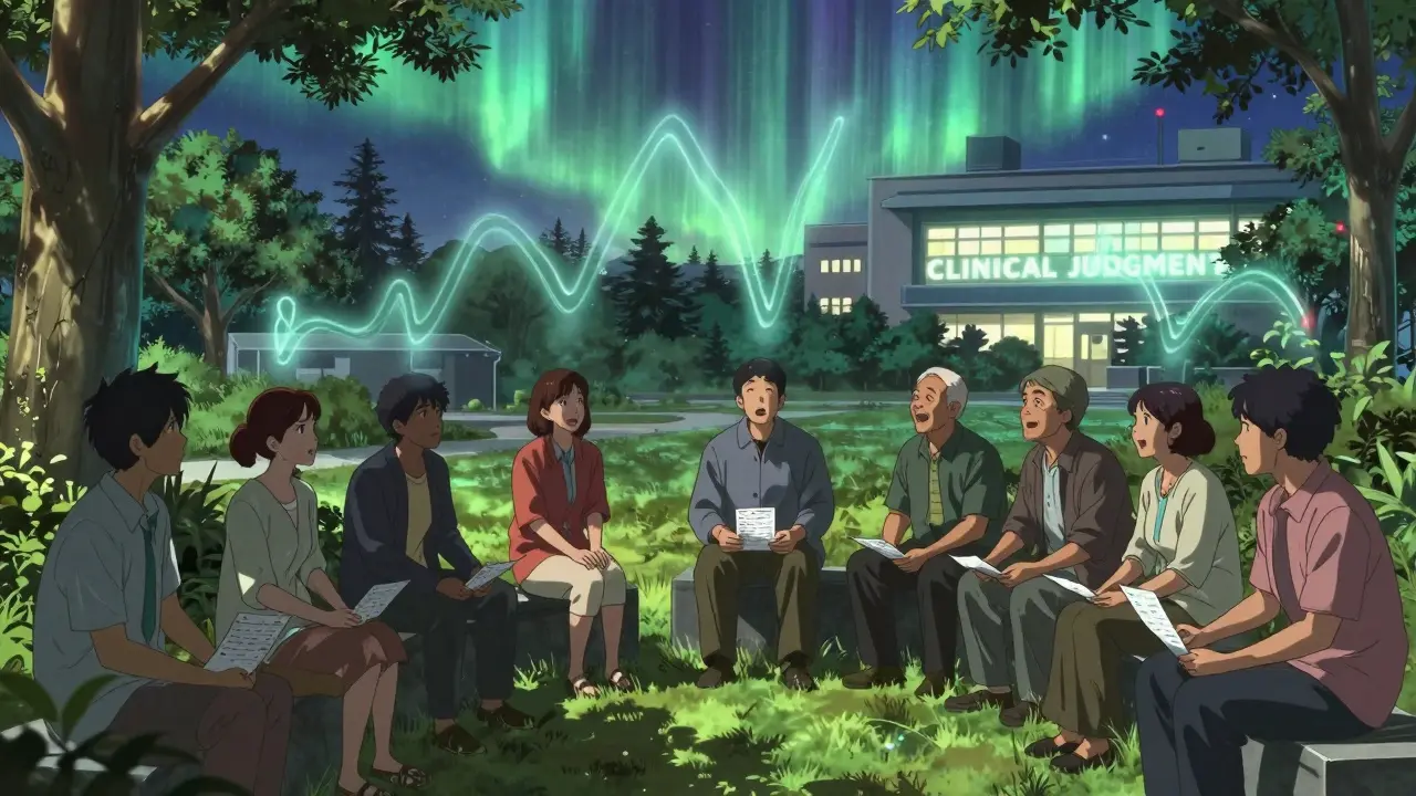 Patients in a park hold blood test slips as ANC graph lines float above them, symbolizing continued monitoring.