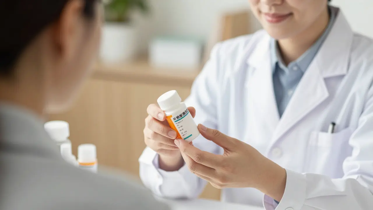Pharmacist handing prescription bottle to patient with warm lighting