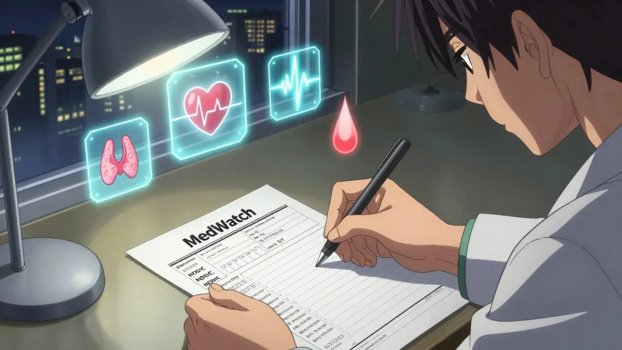 Pharmacist’s hands filling out a safety report with floating medical symptom icons above.