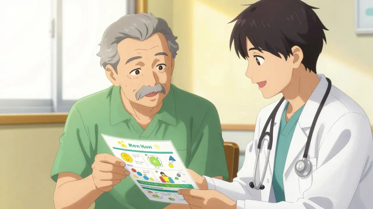 Senior and doctor reviewing clear illustrated medication guide.