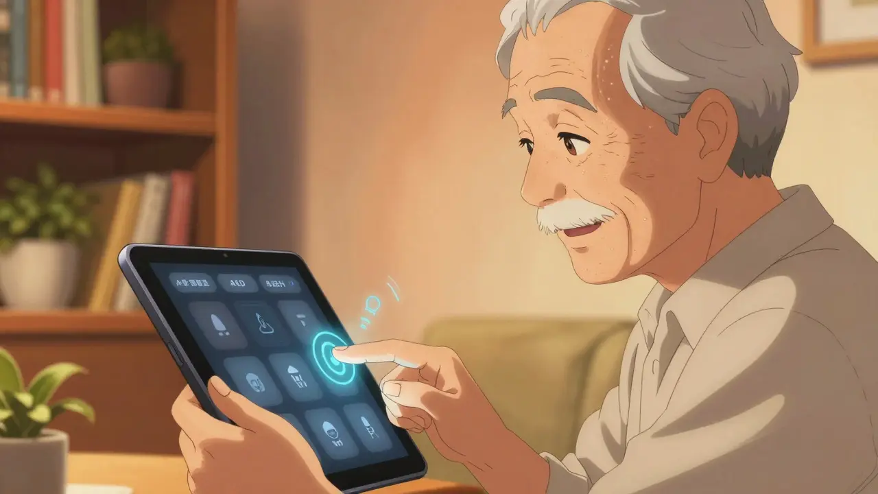Senior using voice-activated health device with smile in home setting.