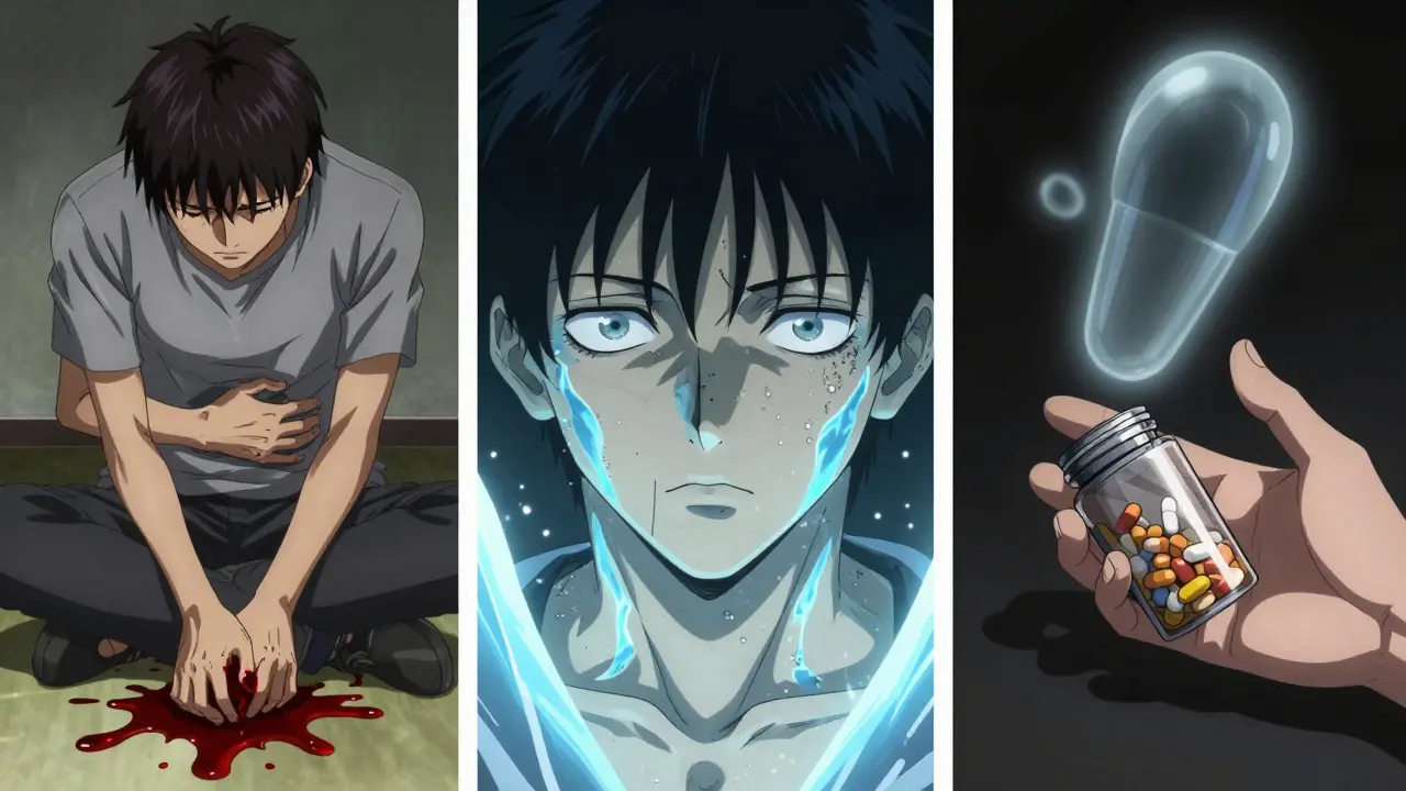 Someone in severe opioid withdrawal with cramps, chills, and a hand reaching for pills, symbolizing intense cravings.