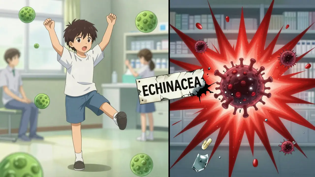 Split image: harmonious immune system vs. chaotic explosion caused by echinacea interacting with immunosuppressants.