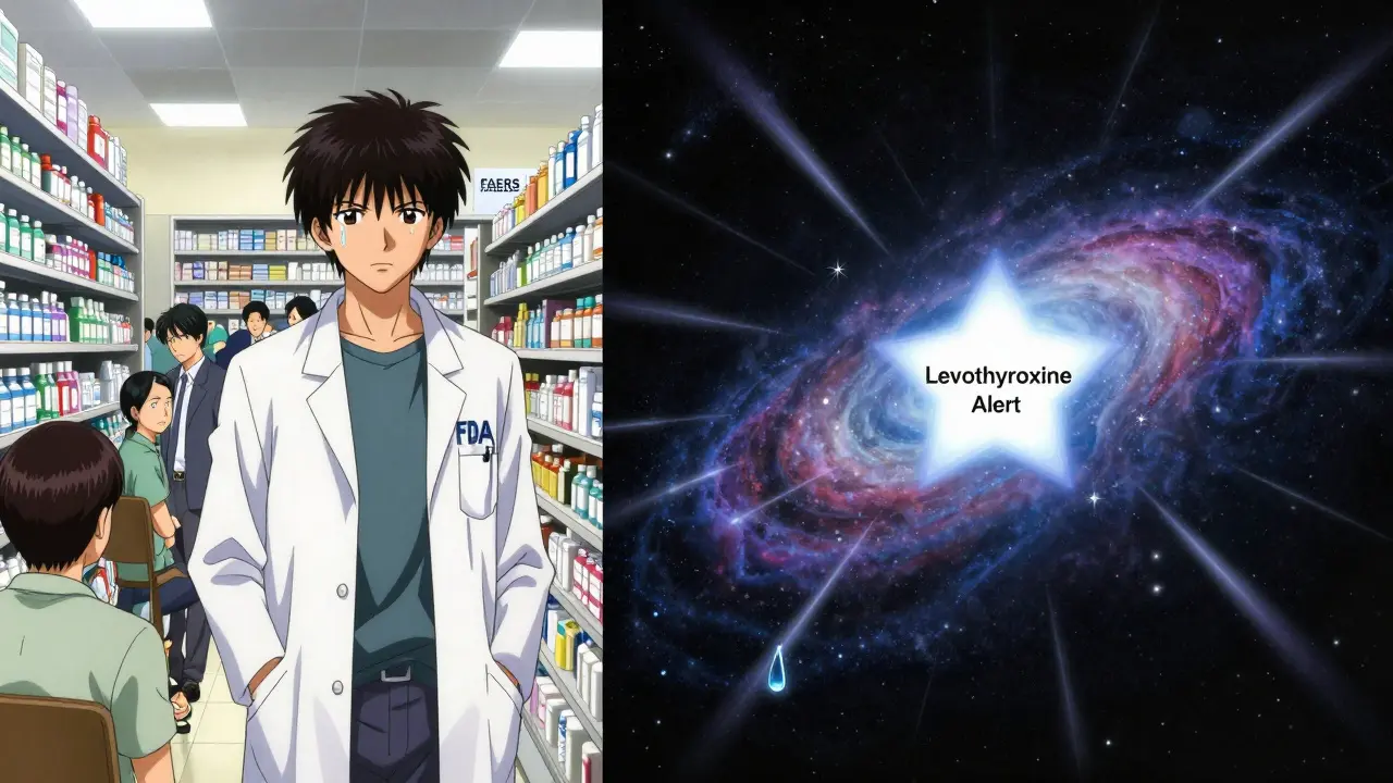 Split scene: busy pharmacy on one side, FDA database glowing with reports on the other.