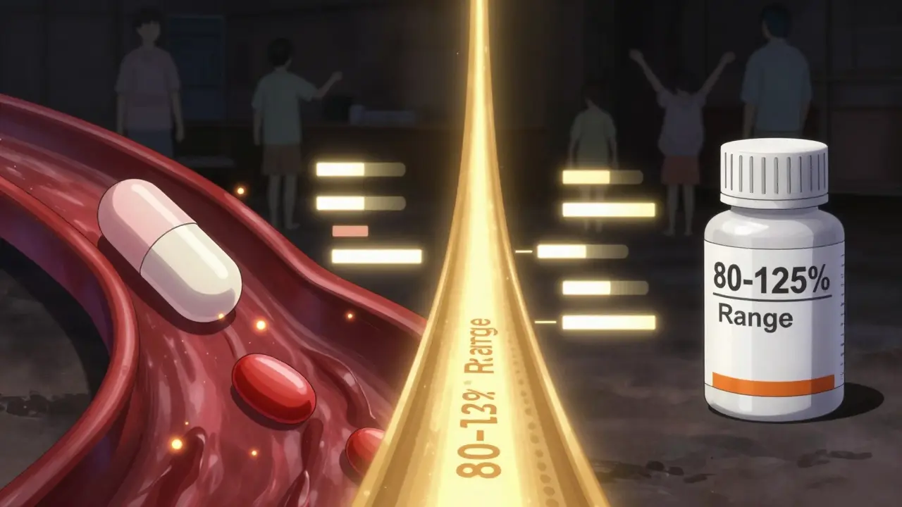 A generic pill and brand-name pill dissolving in a bloodstream, both converging within a glowing 80-125% confidence range.