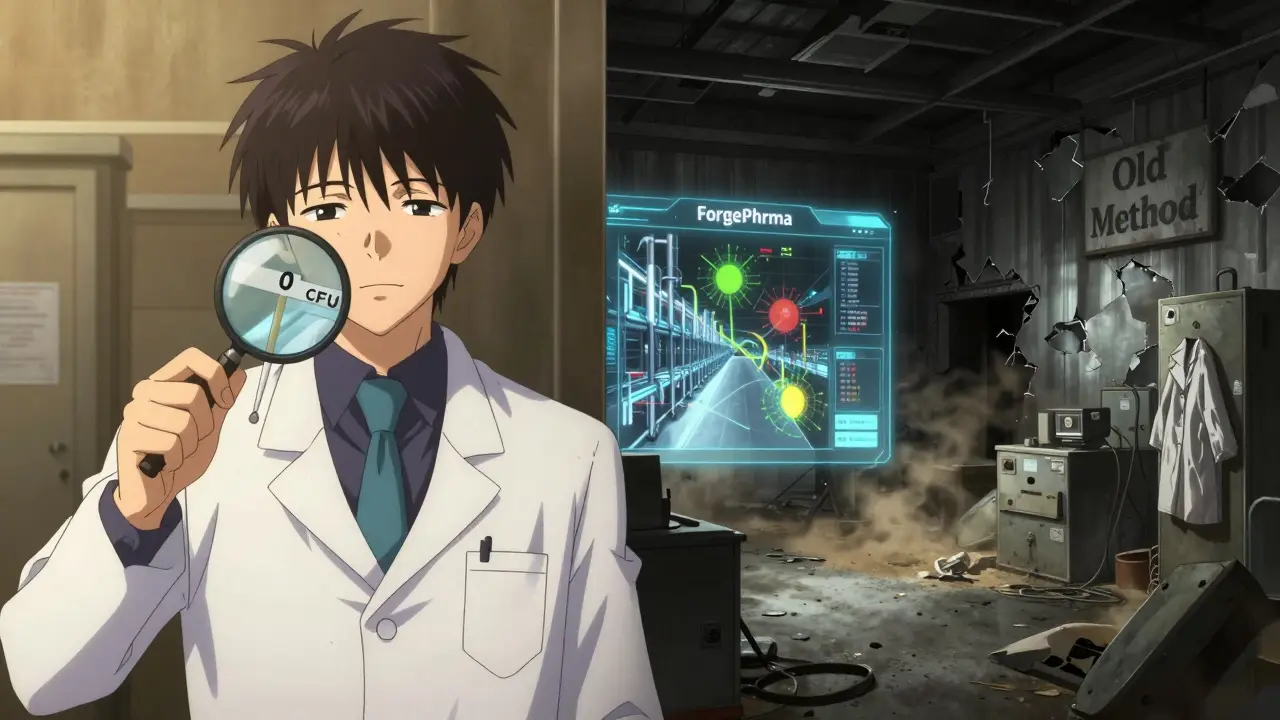 A split scene: an FDA inspector approves a clean sample while a crumbling old facility fades behind a glowing AI contamination map.