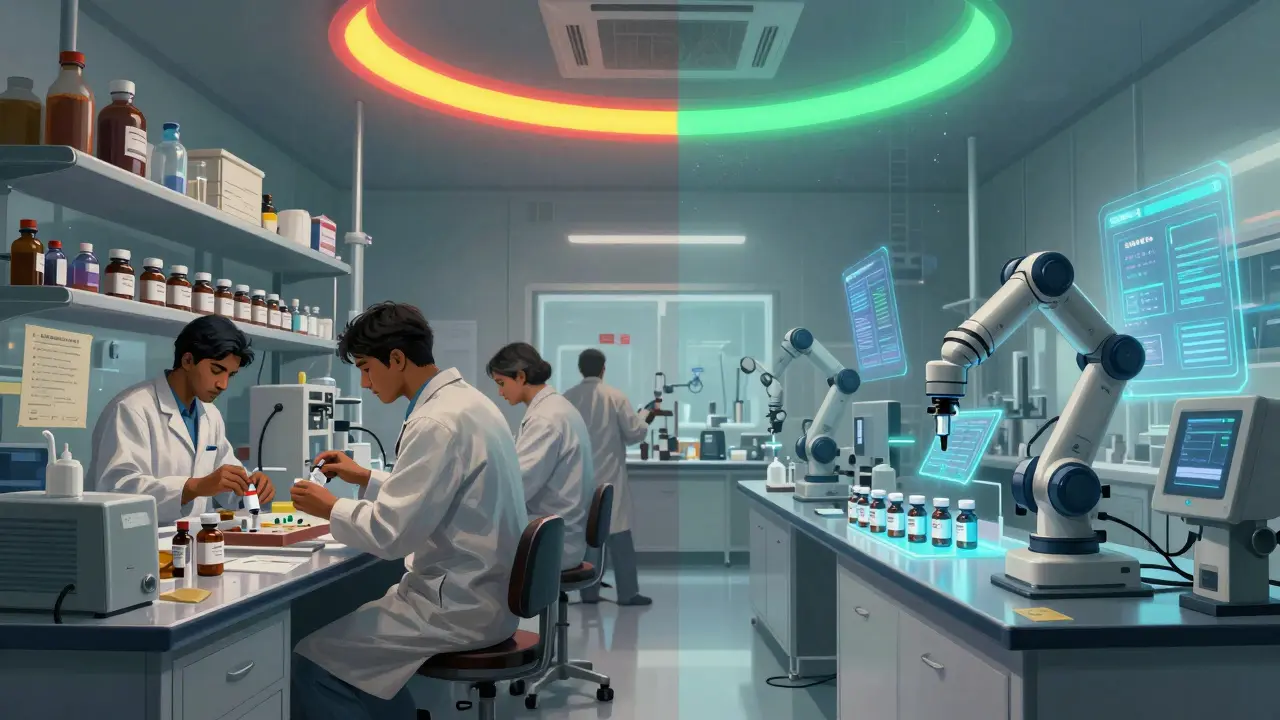 A split scene contrasting a chaotic drug factory with a high-tech compliant facility, showing red, yellow, and green compliance indicators.