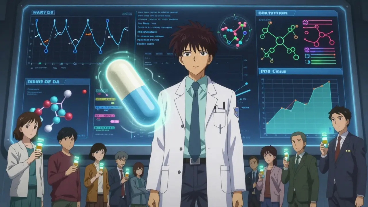 An FDA inspector facing holographic drug data, with a glowing levothyroxine tablet floating as a warning aura pulses around it.