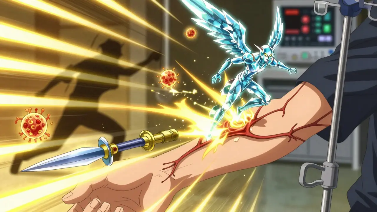 CAR T-cells as glowing warrior entities attacking cancer cells inside blood vessels, rendered in dynamic Yusuke Murata manga style.