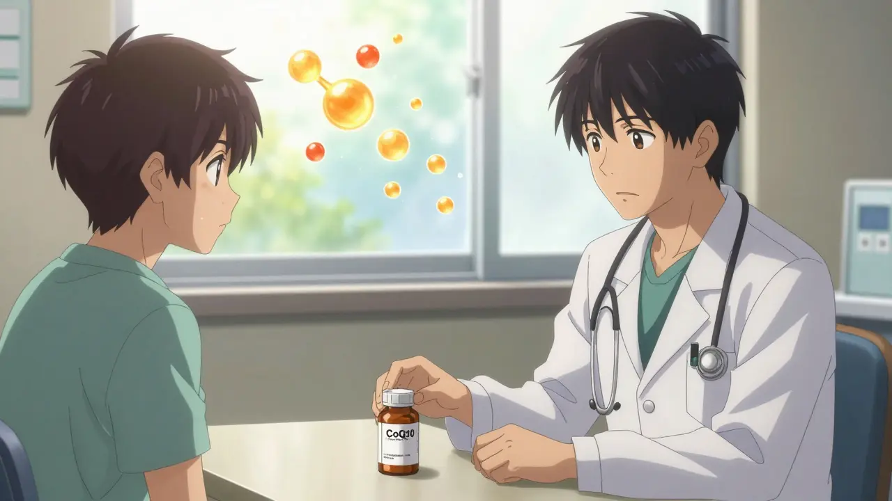 Cardiologist and patient at clinic table, CoQ10 bottle beside statin prescription, hopeful atmosphere.