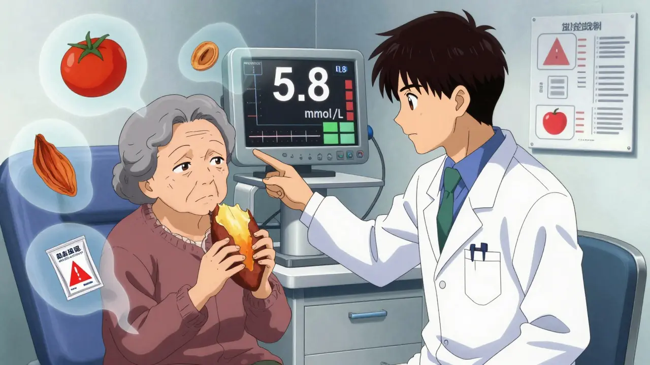 Elderly patient in hospital with high potassium reading, surrounded by warning food images.