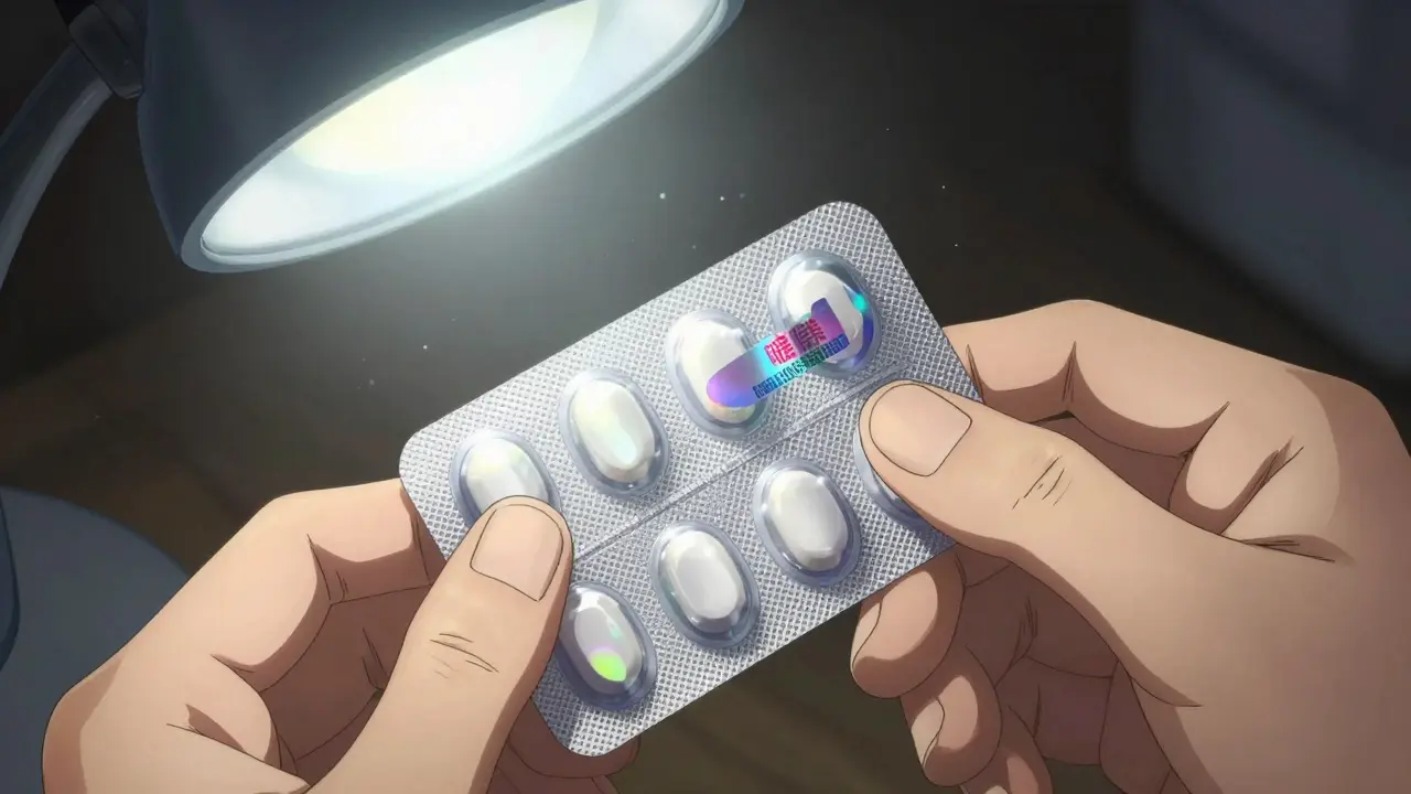 Hands inspecting medication packaging for holographic seals under light.