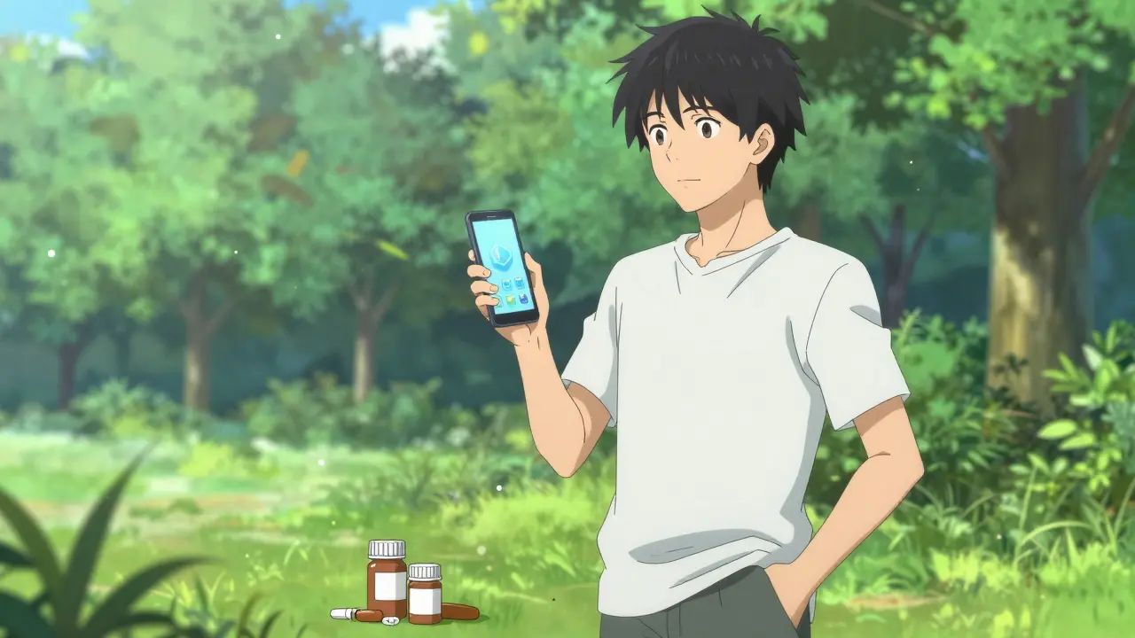 Happy person checking phone near medicine containers outside.