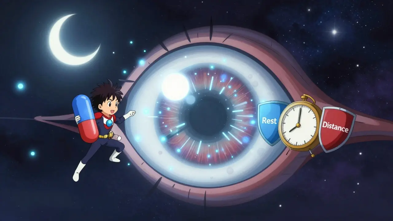 Human retina under attack by blue light particles, defended by lutein capsule and 20-20-20 clock superheroes.