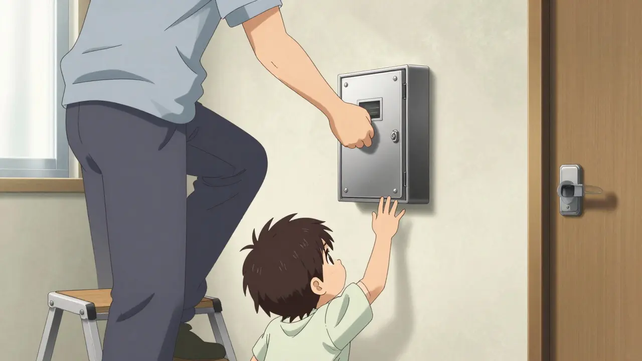 Parent securing lockbox above toddler's reach in a safe room.