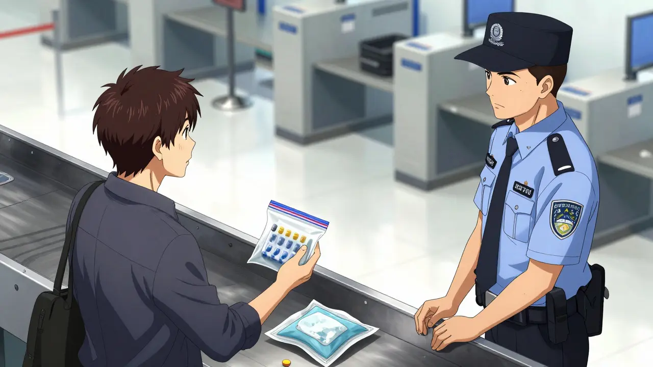 Passenger declares liquid medicines to security officer at checkpoint