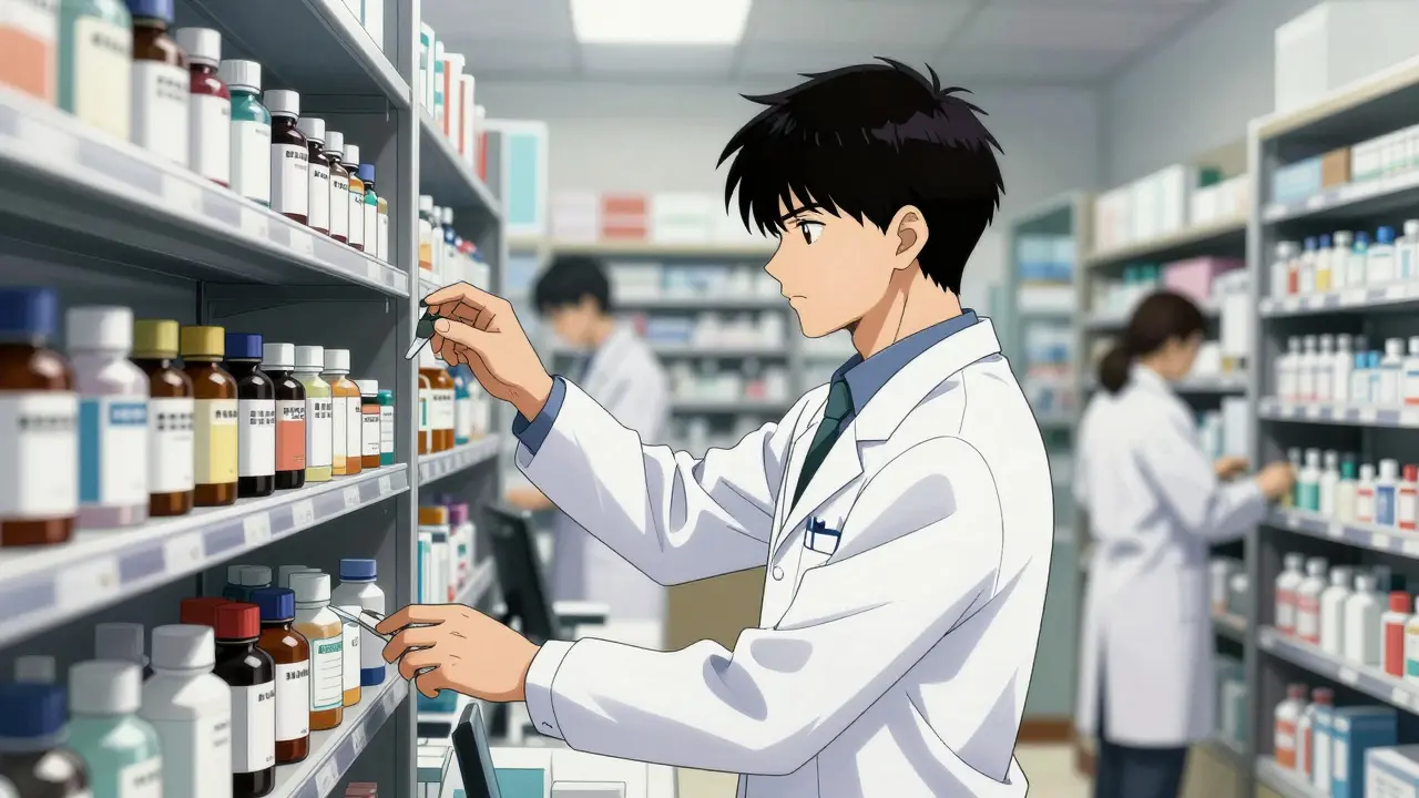 Pharmacists organizing medicine bottles on shelf shelves.