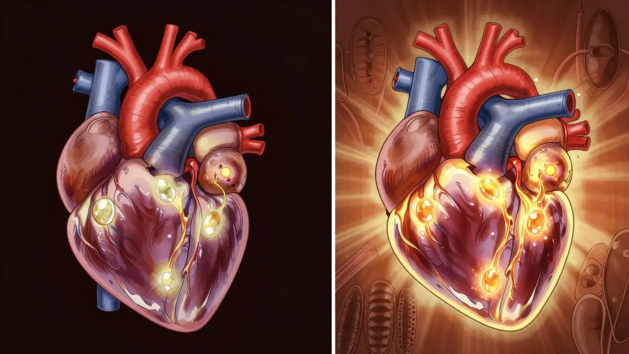 Split image of a heart with fading energy vs. restored energy flow from CoQ10 supplementation.